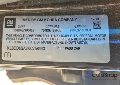 2019 Chevrolet Spark 1Lt из США, поврежденный, VIN KL8CD6SA2KC758443